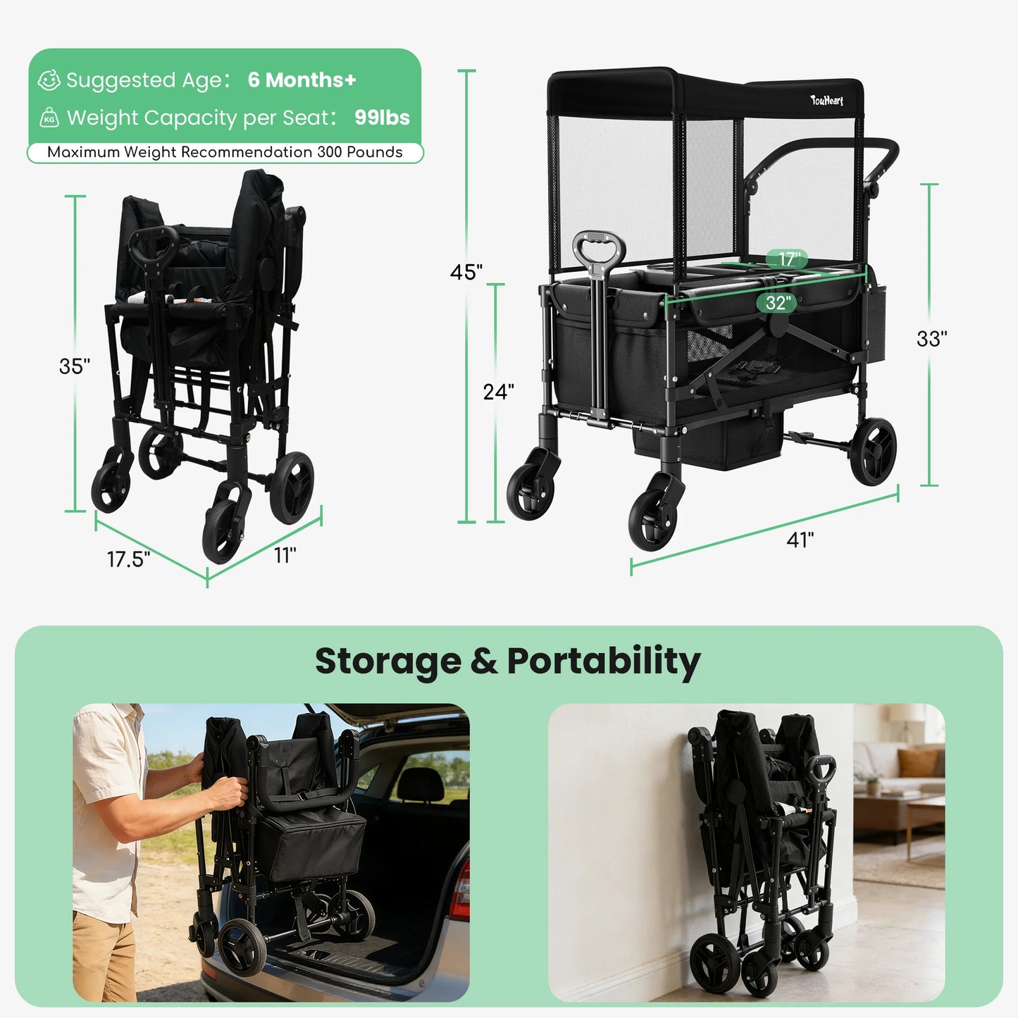 2 Seat Wagon Stroller For 2 Kids, Foldable All-Terrain Wagon for Toddler with Canopy 220 lbs Capacity