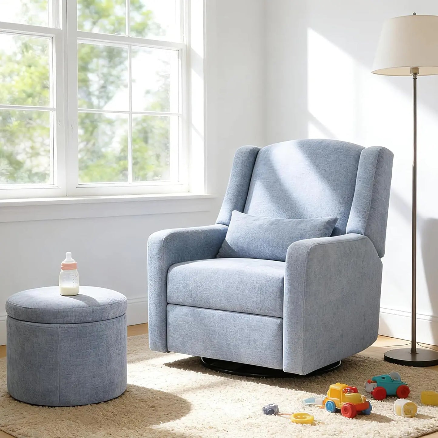 270° Swivel Nursery Rocking Recliner with Waist Pillow USB Port Comfy Glider for Living Room Bedroom, Customized