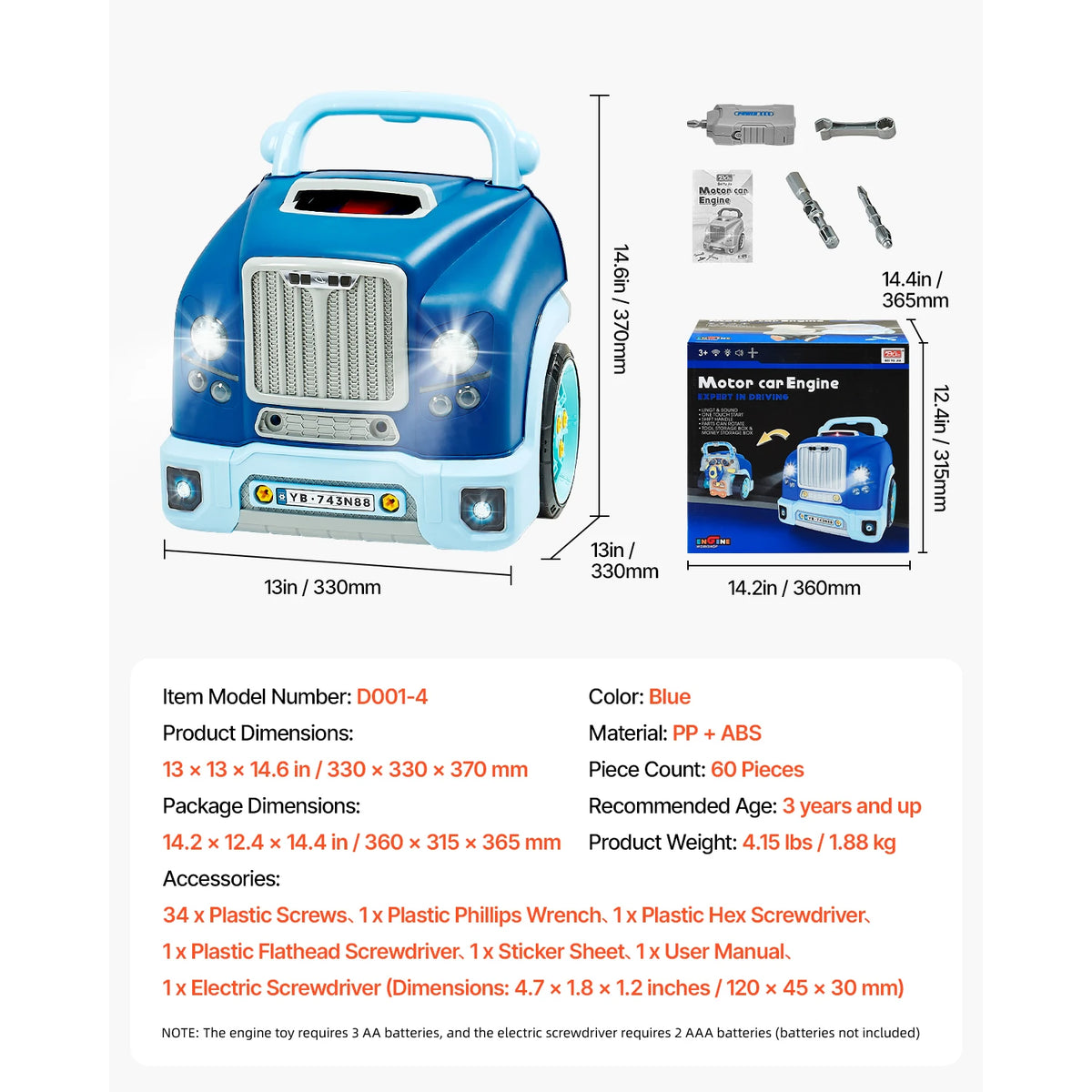 60 Pcs Kids Mechanic Car Repair Set with Removable Parts & Horn Workshop Set Engine Toy for Toddler Children Gift