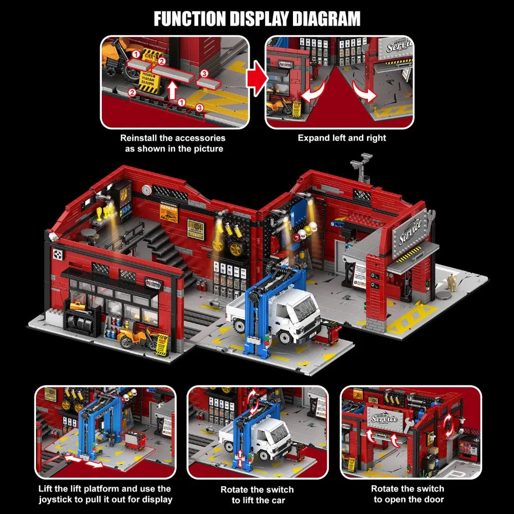 2819PCS Vehicle Service Car Mod Shop Building Blocks Set Retro Garage Street View Construction Bricks Model Kit with Truck and Dog Details DIY Assembly Toys for Adults Ideal Birthday Holiday Gift Home Office Decoration Orname