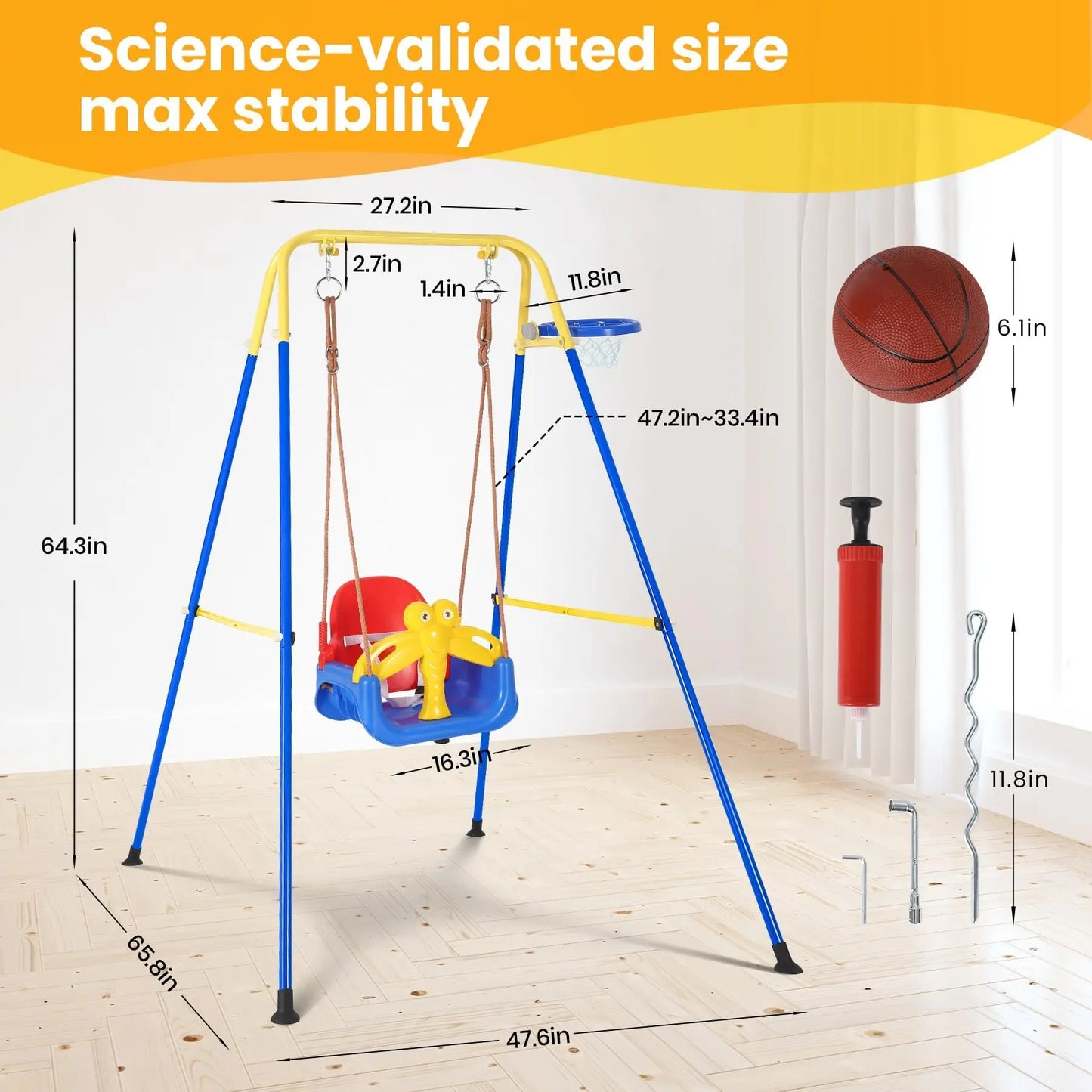 Toddler Swing Set Kids Playground Equipment Collapsible Metal Frame with Basketball Hoop Safety Belt Indoor Outdoor Toy for 6M+