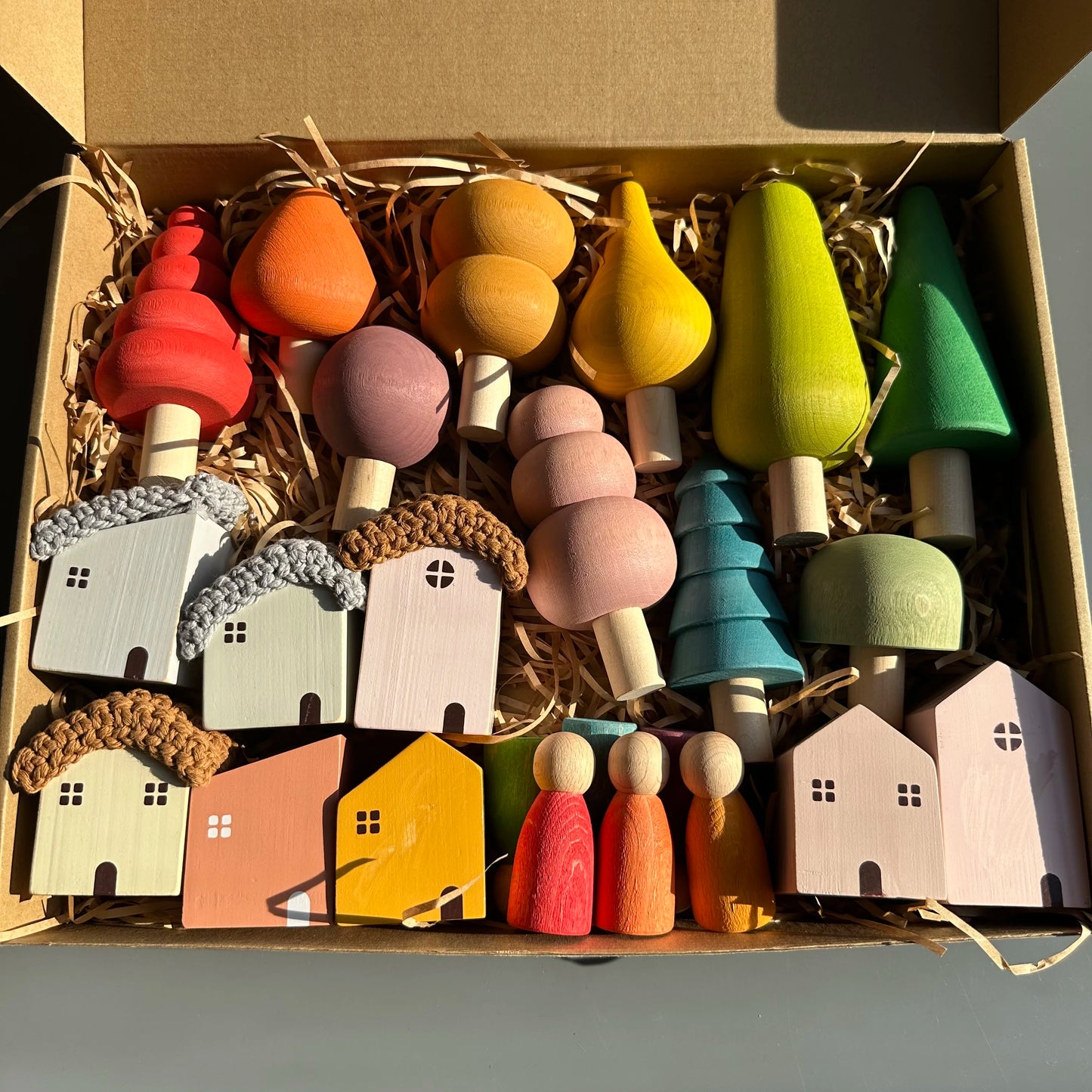 Kids Wooden Toys Pastel Building Blocks Stacking Crochet House  Animals Rainbow Forest Trees