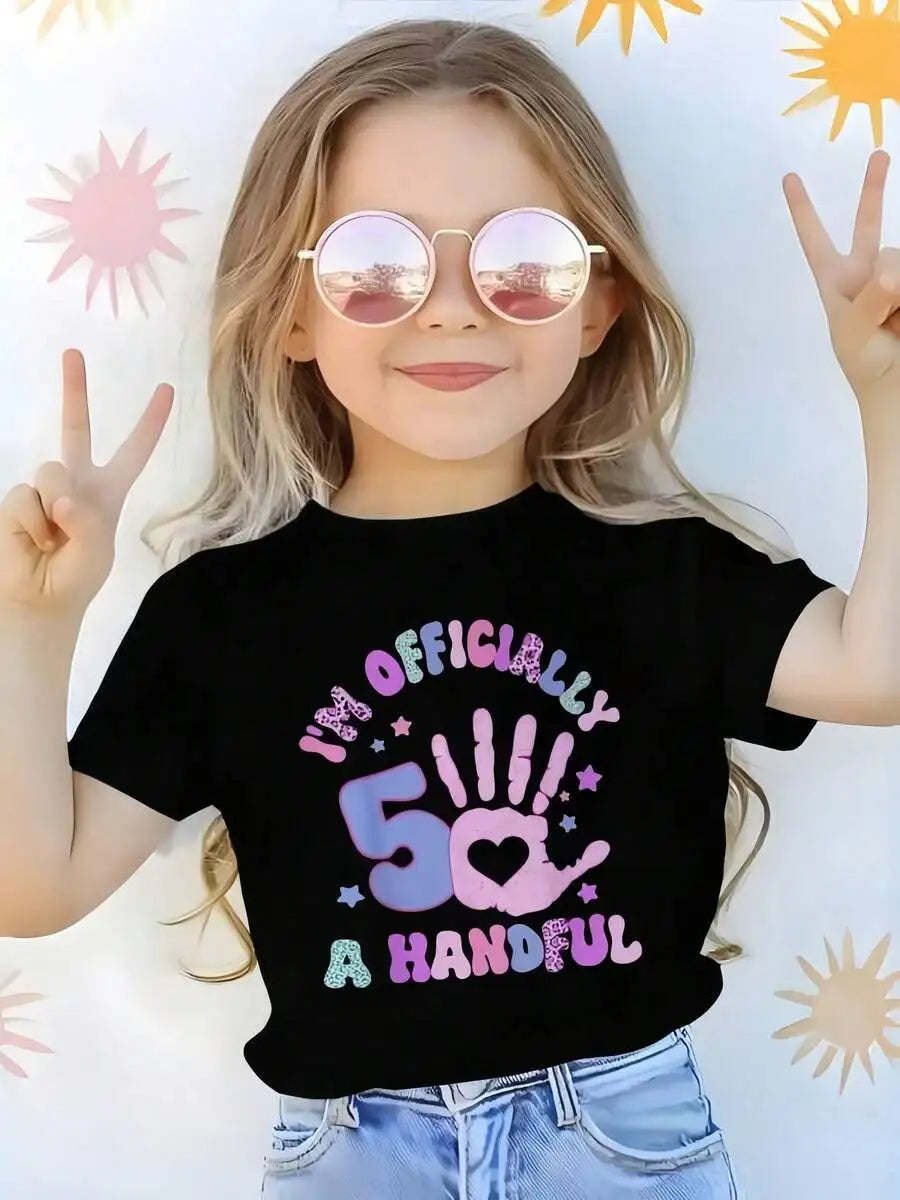 1pc Kids' I' Officially Handful Print Black TShirt Crew Neck Casual Cotton Tee Medium Stretch Knit Fabric Regular Fit For Boys G