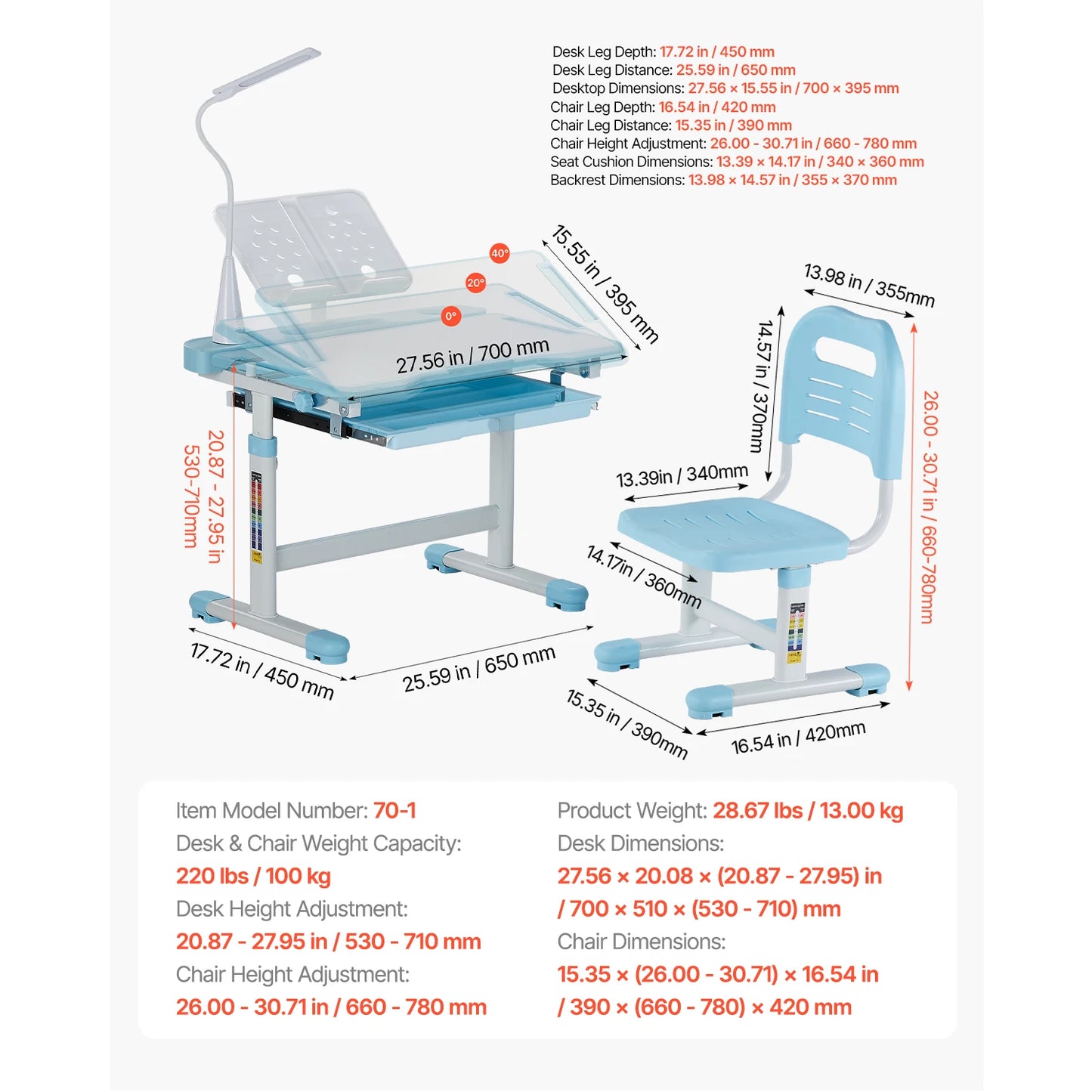 Kids Study Chair and Desk Set Study Desk and Chair for Kids with Table Lamp Adjustable Height  for Bedroom & Study Room