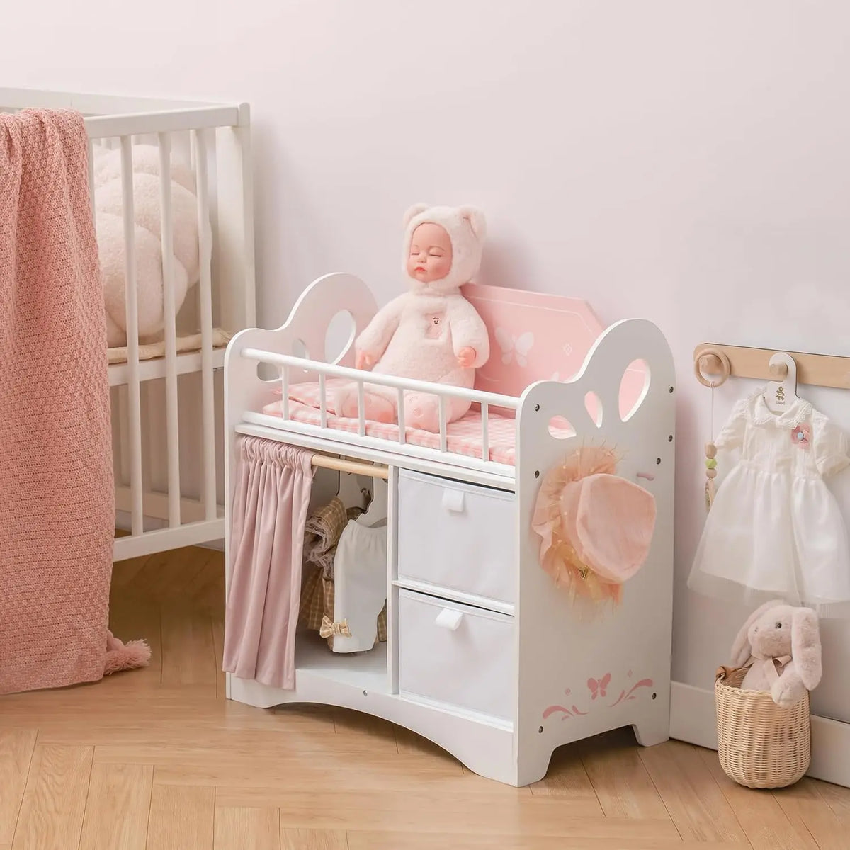 Baby Doll Crib Wooden Toy Baby Crib with Storage Bedding Wooden Hooks Doll Crib Fits Dolls up to 21" for Girls 3+ Pink