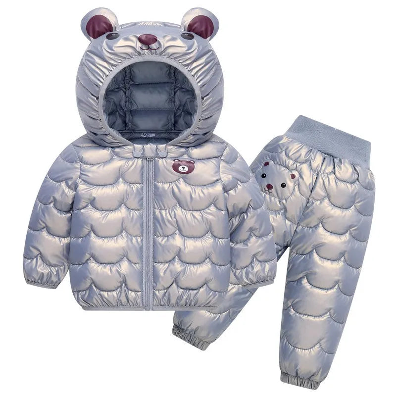 Winter Warm Girls Clothing Set New Baby Boys Cartoon Bear Hooded Waterproof Down Jacket Pants 2Pc Outfits Children Snowsuit Coat