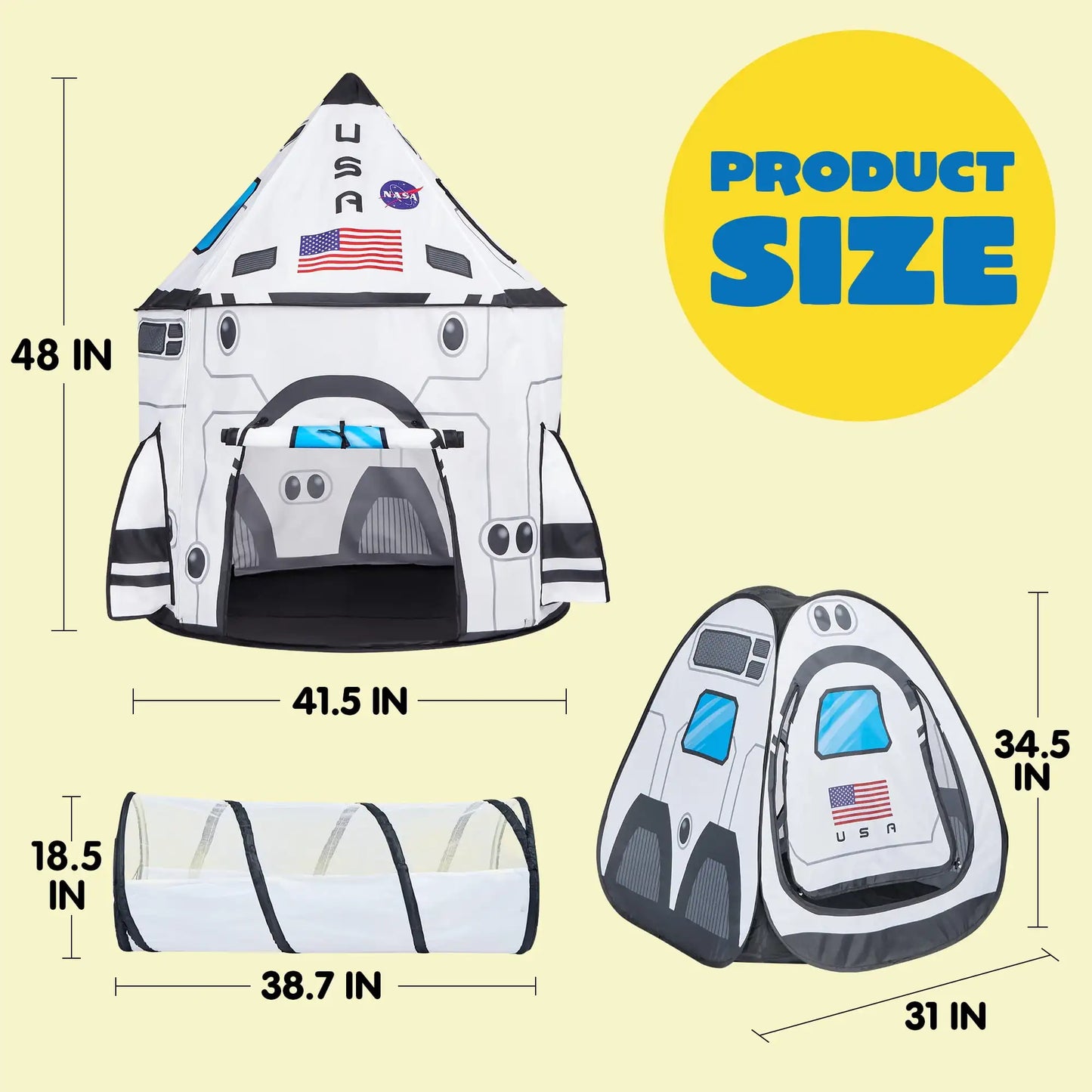 Rocket Ship Play Tents Set Pop up Play house with Tunnel 3-Piece Play Tent for Kids Pretend Play Birthday Gift
