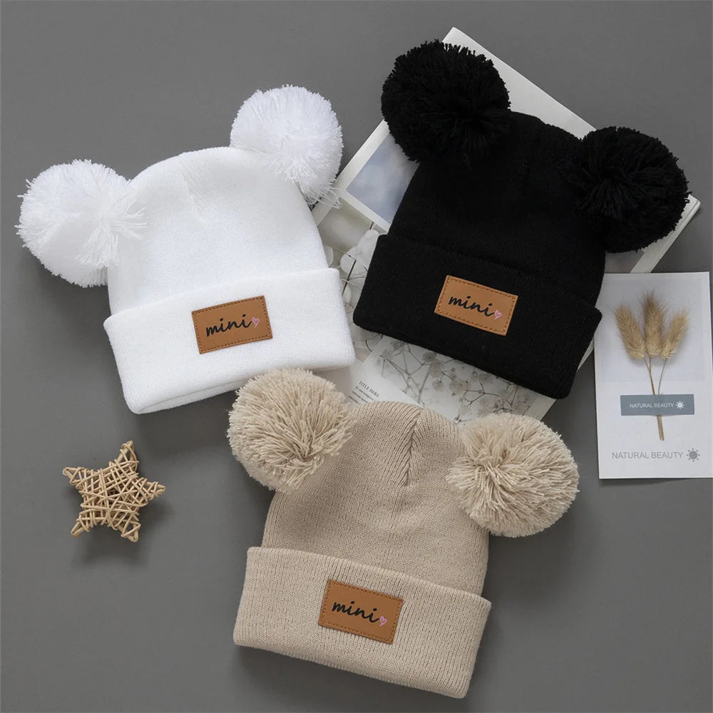 3pcs Breathable Stretchy Infant Knit Beanie with Heart Pompoms | Hand Washable, Mixed Colors