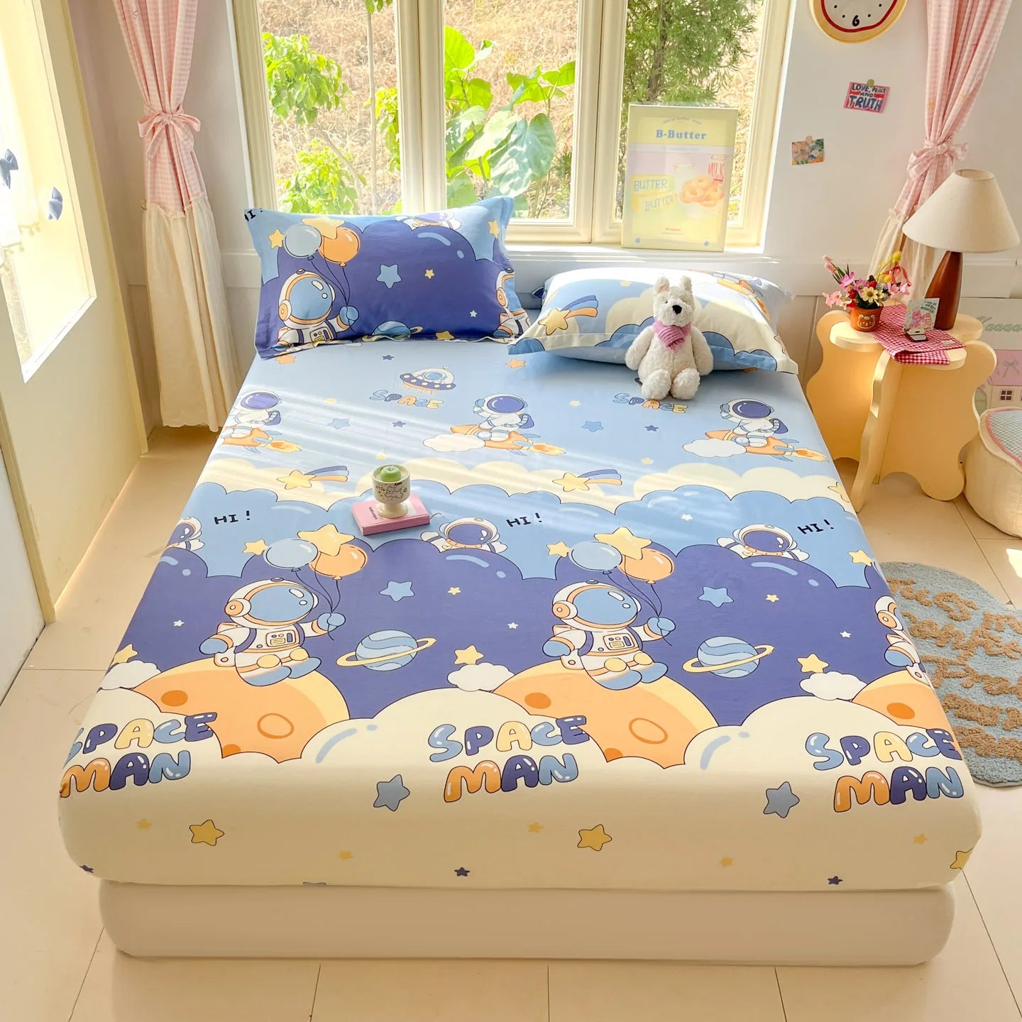 Cartoon Space Astronaut Fitted Sheet 100% Cotton Mattress Cover for Adults Kids Deep Pocket Elastic Bed Sheets and Pillowcases