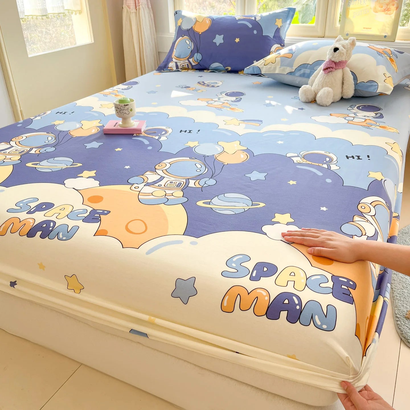 Cartoon Space Astronaut Fitted Sheet 100% Cotton Mattress Cover for Adults Kids Deep Pocket Elastic Bed Sheets and Pillowcases