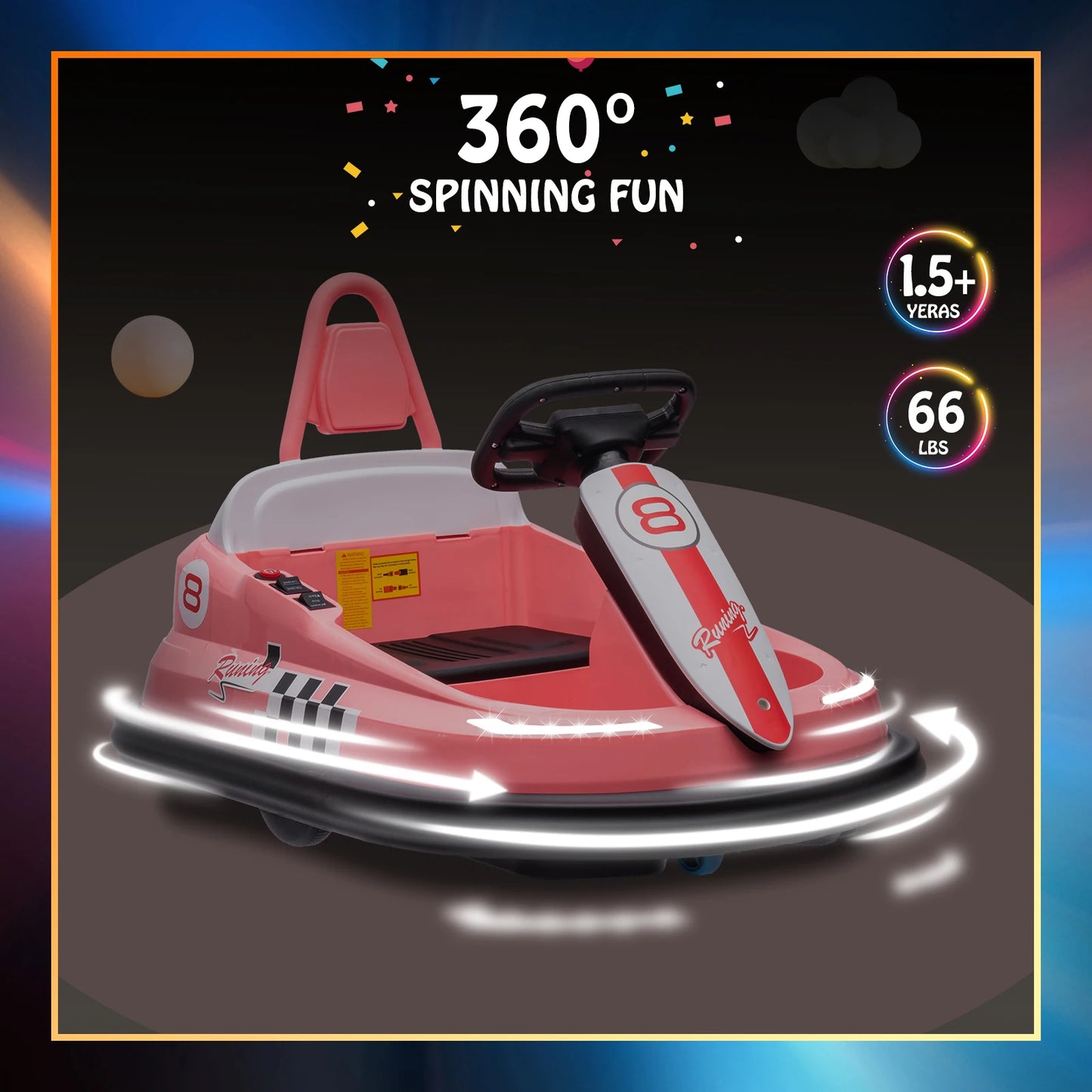 Bumper Car for Toddlers 6V Electric Ride On Toys for Kids 1.9 MPH Max Speed Steering Wheel 360 Degree Spin 2-Speeds Lights Music