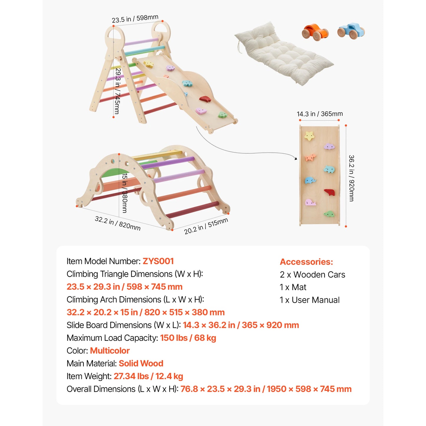 SucceBuy 150 lbs Pikler Triangle Set 9-in-1 Toddler Climbing Toys Indoor with Cushion Triangle Arch and Ramp for Toddlers Kids