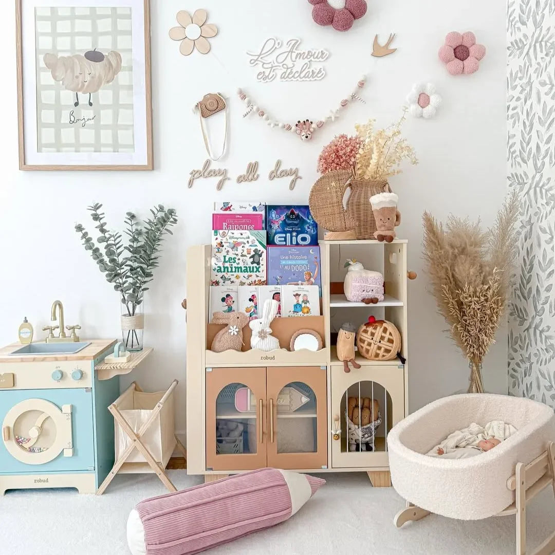 Kids Wooden Bookshelf All-in-1 Kids Toy Storage Organizer 6 Cubby Bookcases Toy Chest Finish Space-Saving Caramel