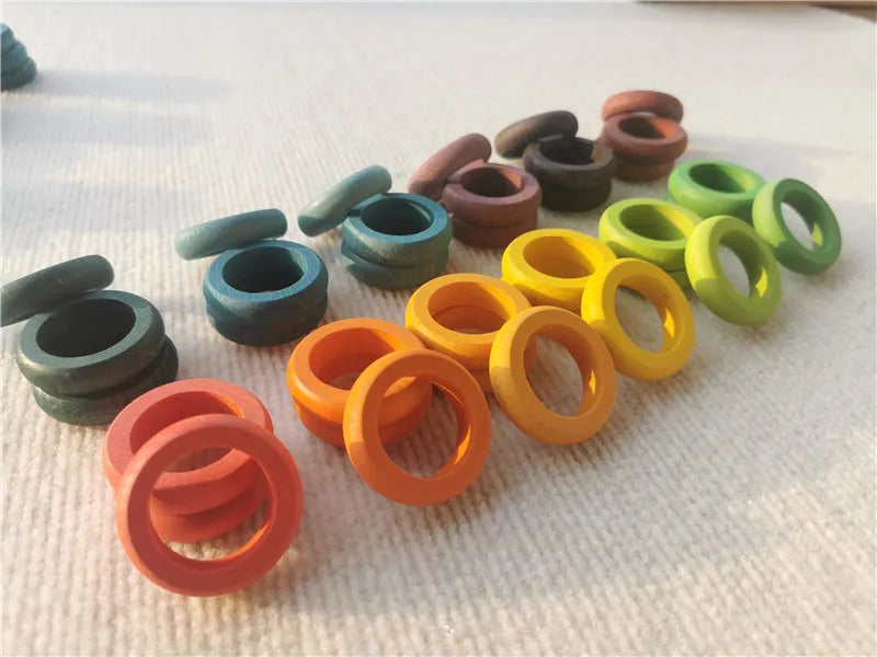 Kids Wooden Toys Beech Rainbow Coins and Rings Stacking Blocks with Peg Dolls Loose Parts