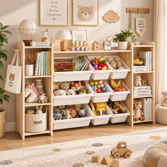 White Toy Storage Organizer with 6 Shelves 9 Bins & 6 Hooks Kids Bookshelf for Playroom Nursery Bedroom Toddler Room - Toy Organization Unit