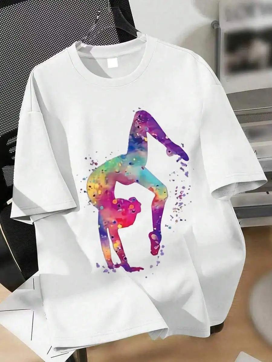 Girls' Casual Round Neck Short Sleeve Printed Yoga Dance Top, Summer New Arrival, Youthful Girl Fashion