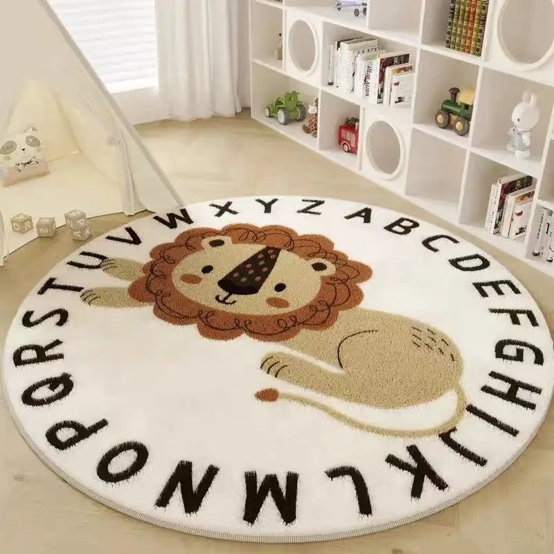 Lion Pattern Carpets for Living Room Fluffy Soft Children Mat Thick Plush Bedside Rug Cartoon Style Bedroom Decor Round Carpet
