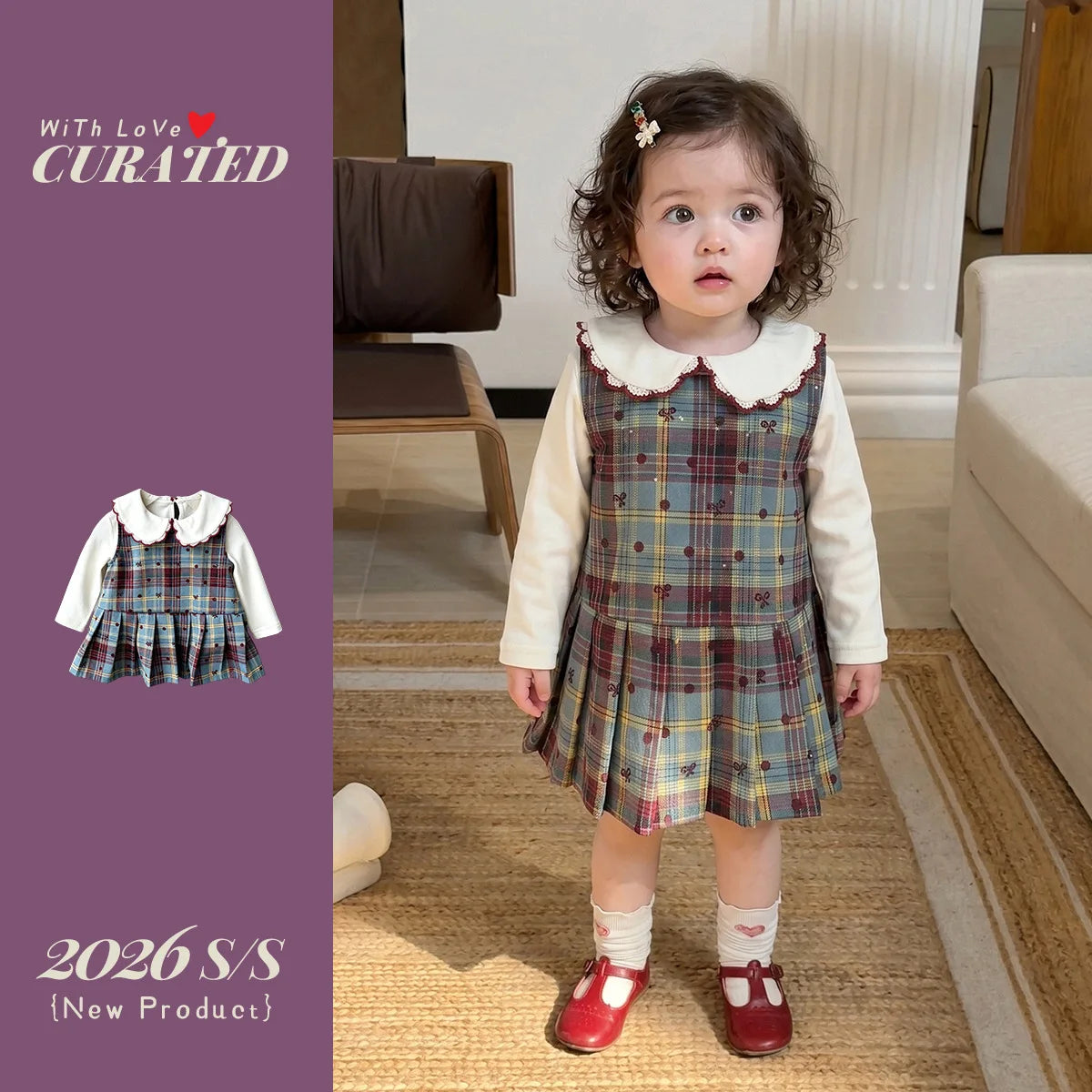 One Year Old Women's Treasure Dress Set, Autumn Baby Sweet Plaid Vest Skirt Two-piece Set, Girls' Stylish Children's Clothing