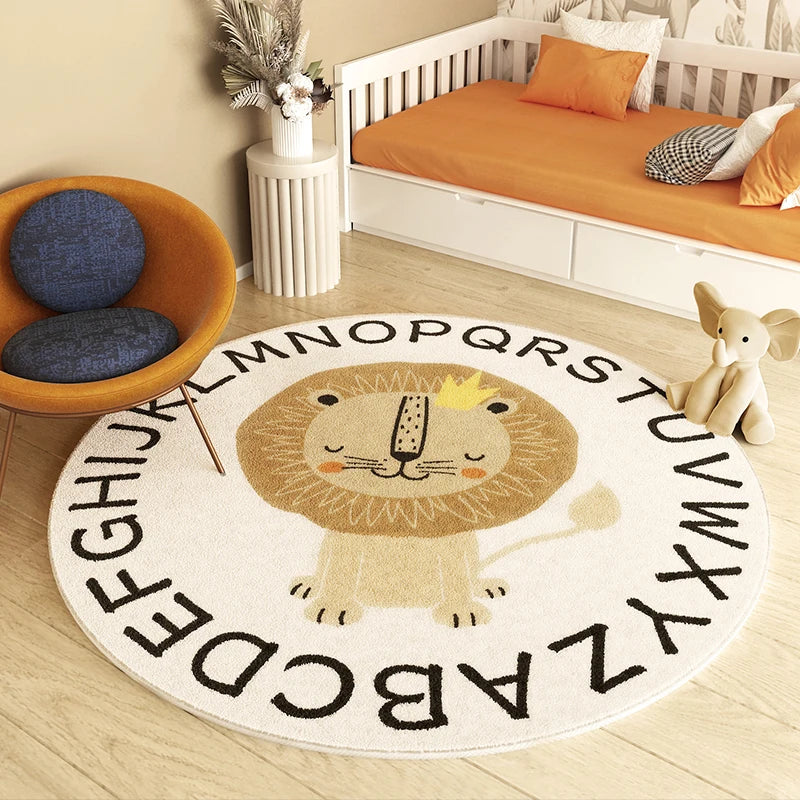 Lion Pattern Carpets for Living Room Fluffy Soft Children Mat Thick Plush Bedside Rug Cartoon Style Bedroom Decor Round Carpet
