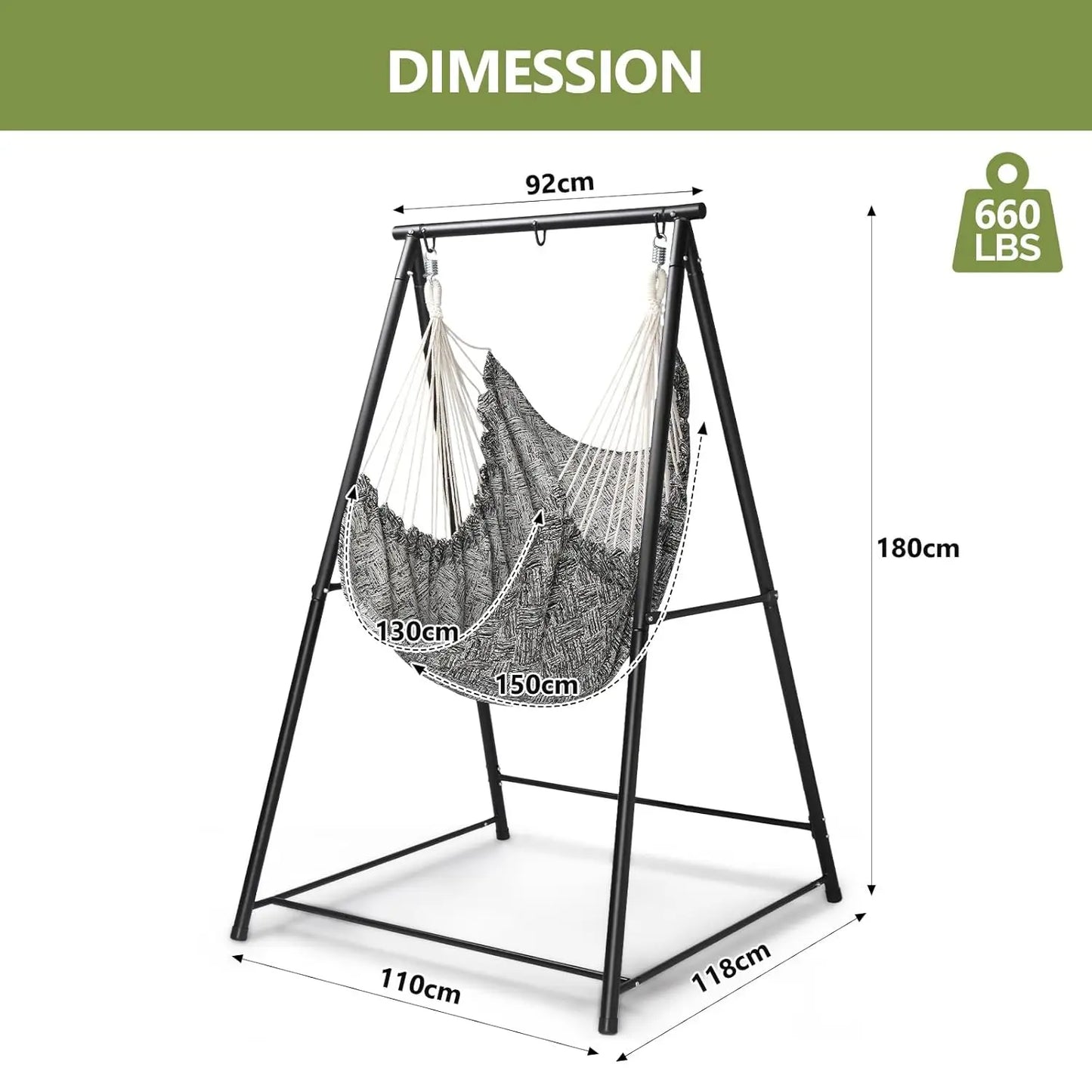 Portable 112x113x180cm Steel Hammock Chair Stand with Swing Seat for Indoor Bedroom Patio Balcony Garden, Customized