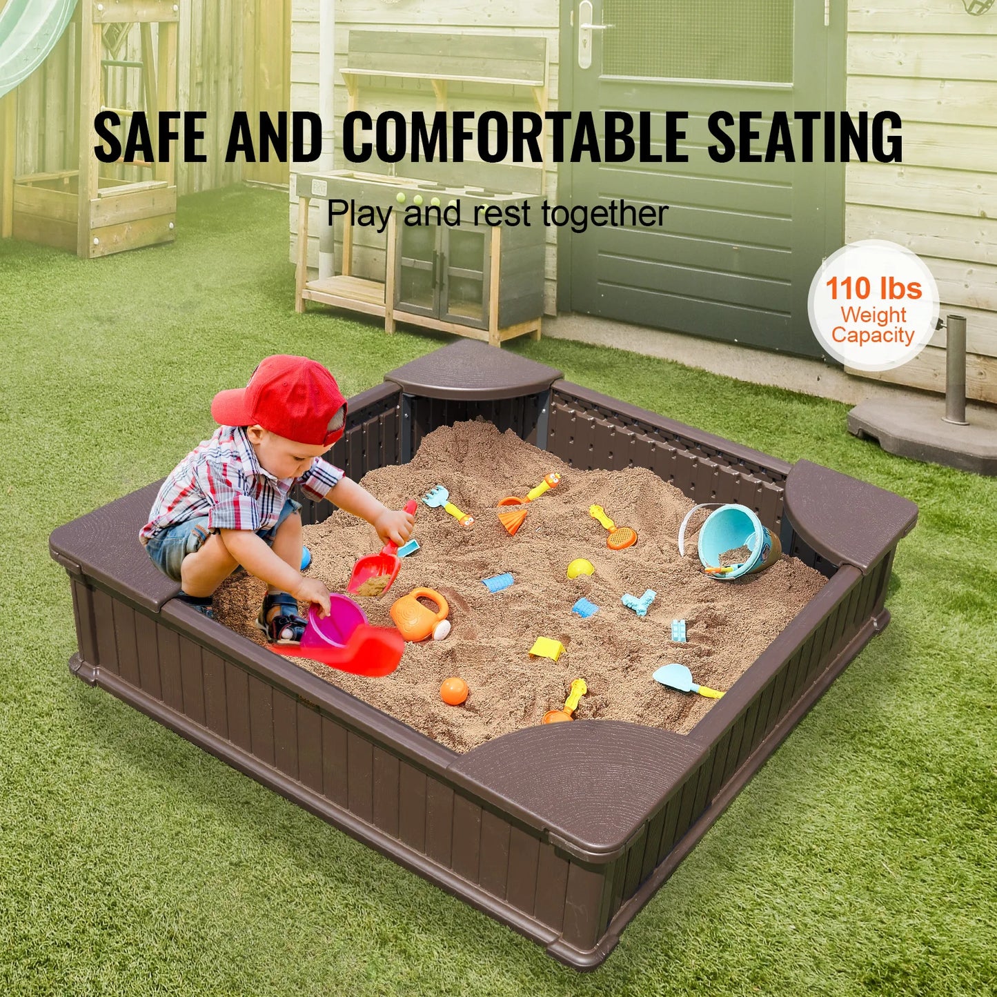 SucceBuy Sandbox with Cover in Square Sand Box Sand Pit with 4 Corner Seating and Bottom Liner Kids Sandbox for Outdoor for Kids