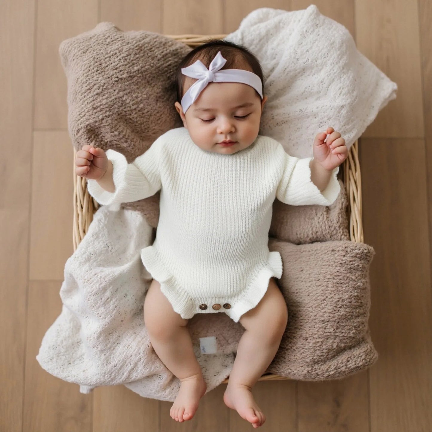 Suefunskry Newborn Baby Fall Winter Knitted Sweater Romper Solid Color Long Sleeve Round Neck Ruffled Sweater Jumpsuit