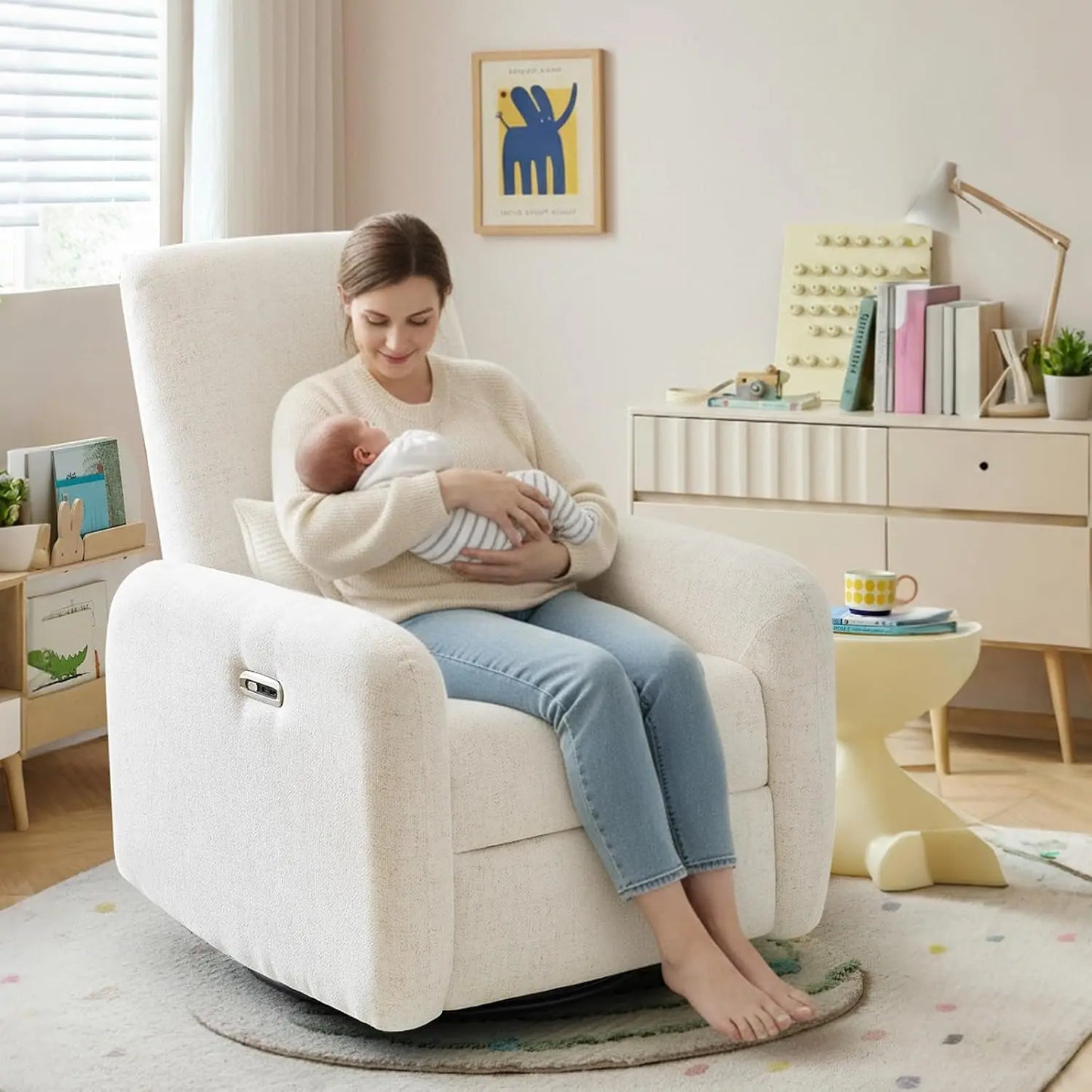 270° Swivel Nursery Rocking Recliner with Waist Pillow USB Port Comfy Glider for Living Room Bedroom, Customized