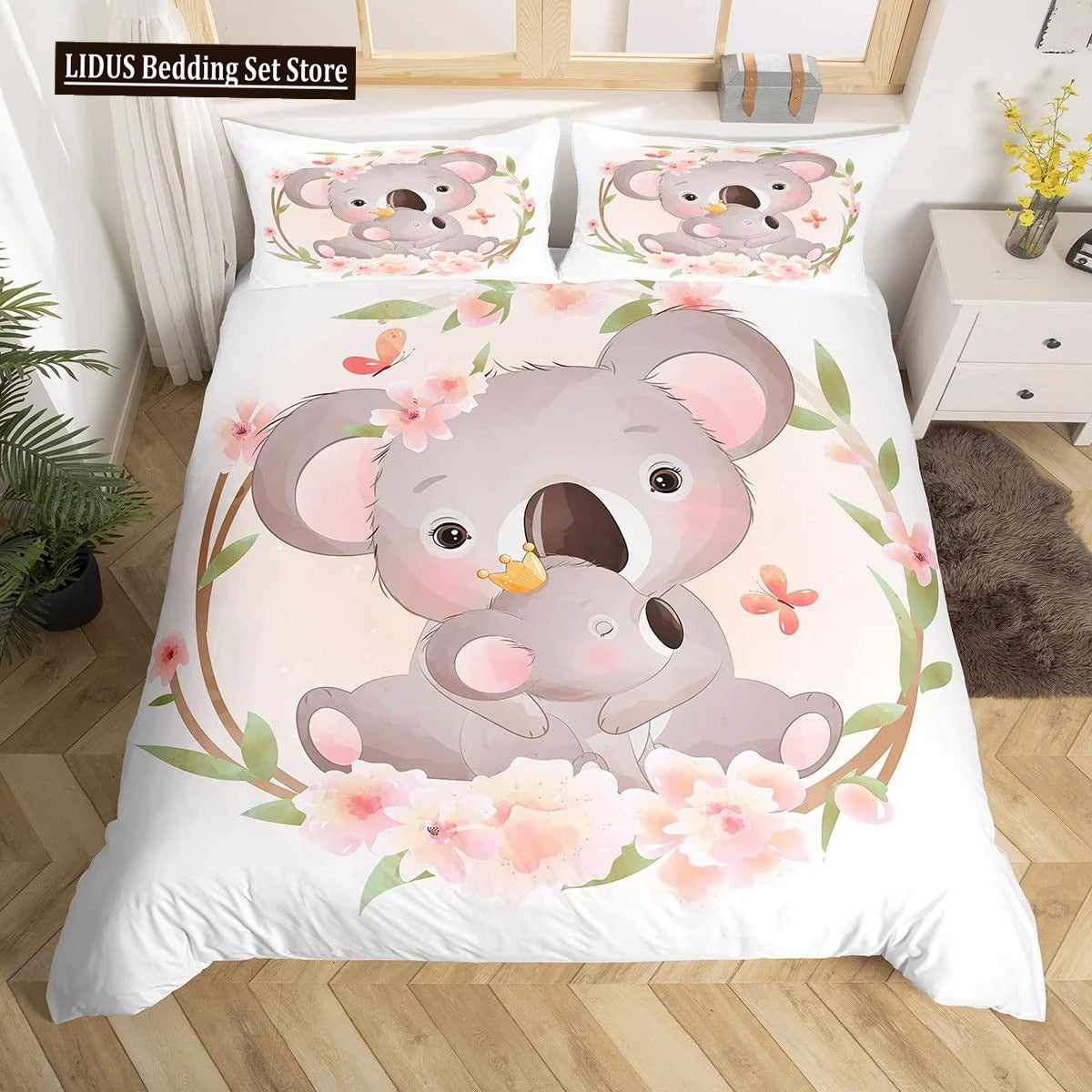 Koala Duvet Cover Set Children Cute Animal Print Bedding Set,Boys Girls Rainbow Butterfly Comforter Cover Floral Flowers Bed Set