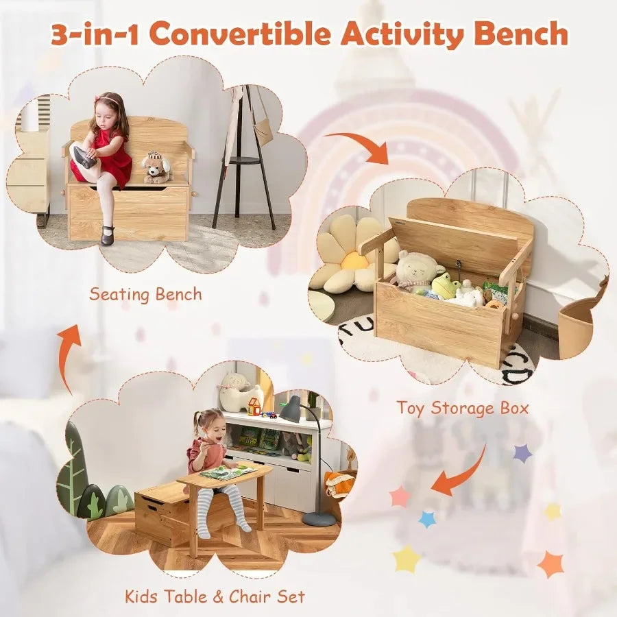 3in1 Convertible Wooden Toy Storage Bench With Handle For Toddlers Table And Chair Set Ideal For Daycare Playroom Safe And Dura