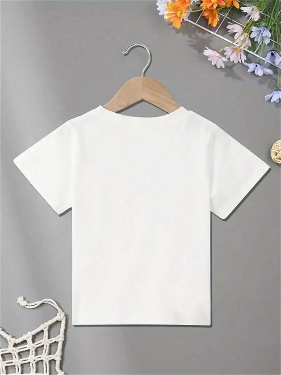 Cute Bow Printed Pure Cotton T-Shirt For Girls Under 12 Years Old - Comfortable Elastic Short Sleeved Round Neck Top, Perfect Ch