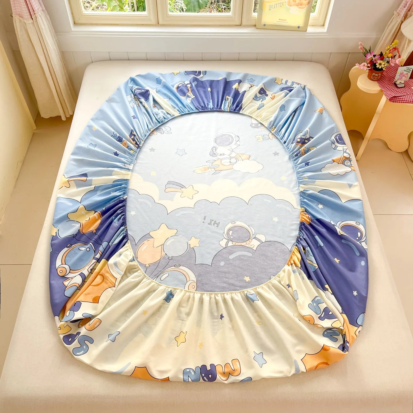 Cartoon Space Astronaut Fitted Sheet 100% Cotton Mattress Cover for Adults Kids Deep Pocket Elastic Bed Sheets and Pillowcases