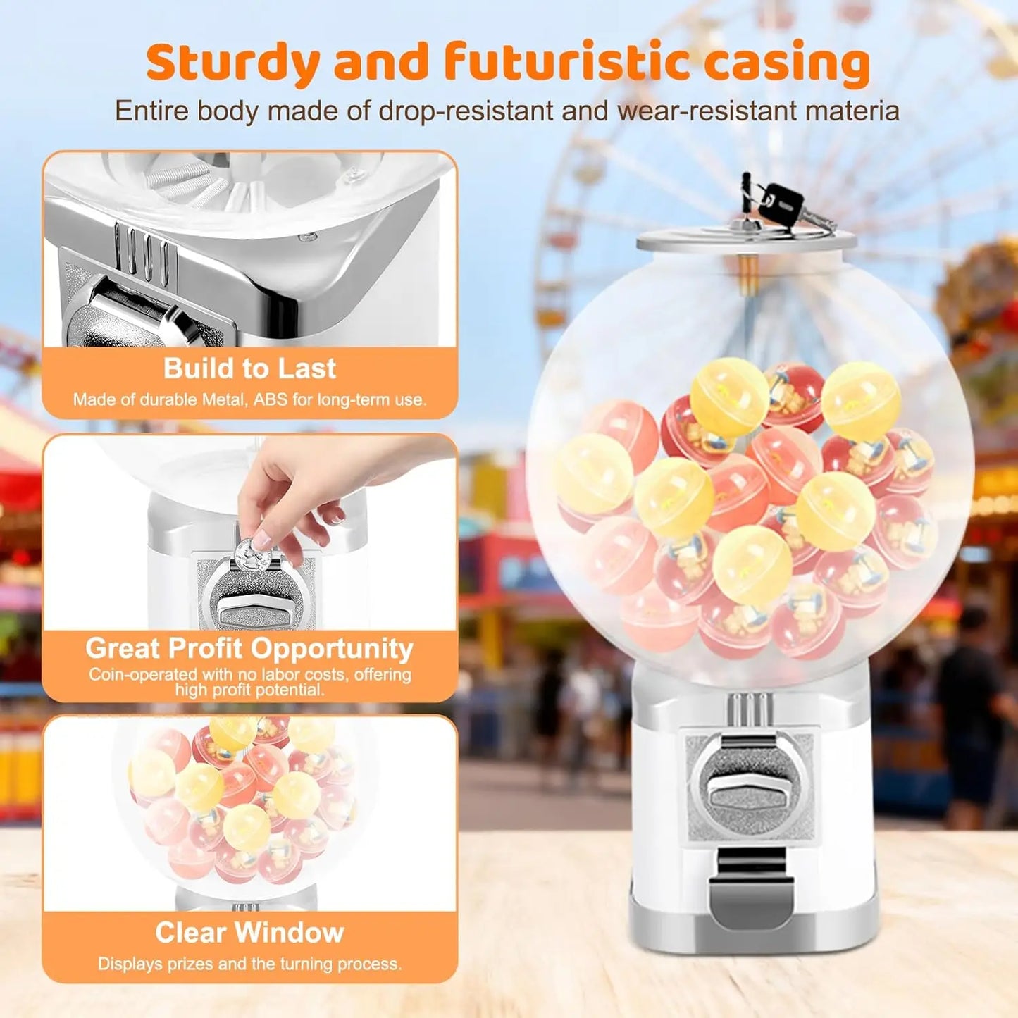 Vending Machine, 19.68" Twister Ball Dispenser Machine Bubble Gumball Machine Large Capacity Toy Vending Machine, Lockable Spherical Freestanding for 1.26" Ball, 1 Dollar Coin, Candy (White)