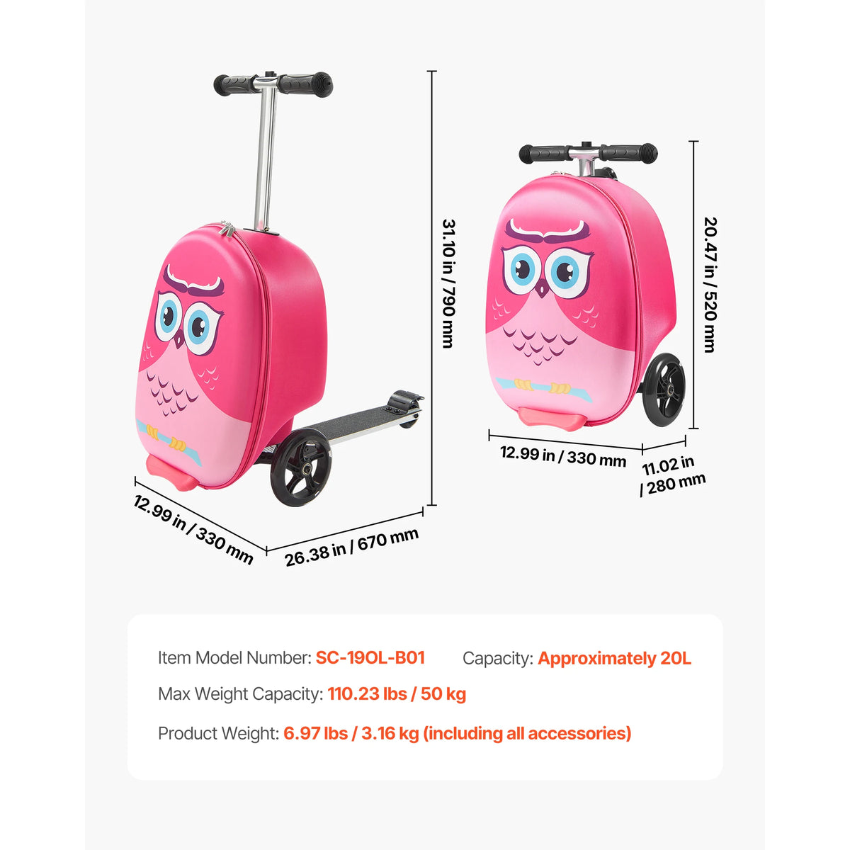 20in Ride-on Luggage 20L Kids Scooter Suitcase with Flash PU Wheels & Adjustable Handle Foldable Luggage for Children