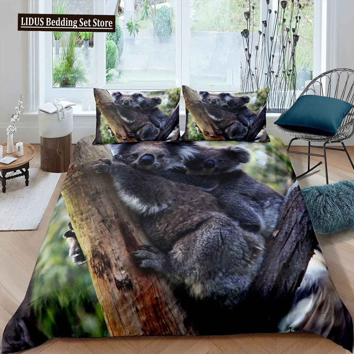 Koala Duvet Cover Set Children Cute Animal Print Bedding Set,Boys Girls Rainbow Butterfly Comforter Cover Floral Flowers Bed Set