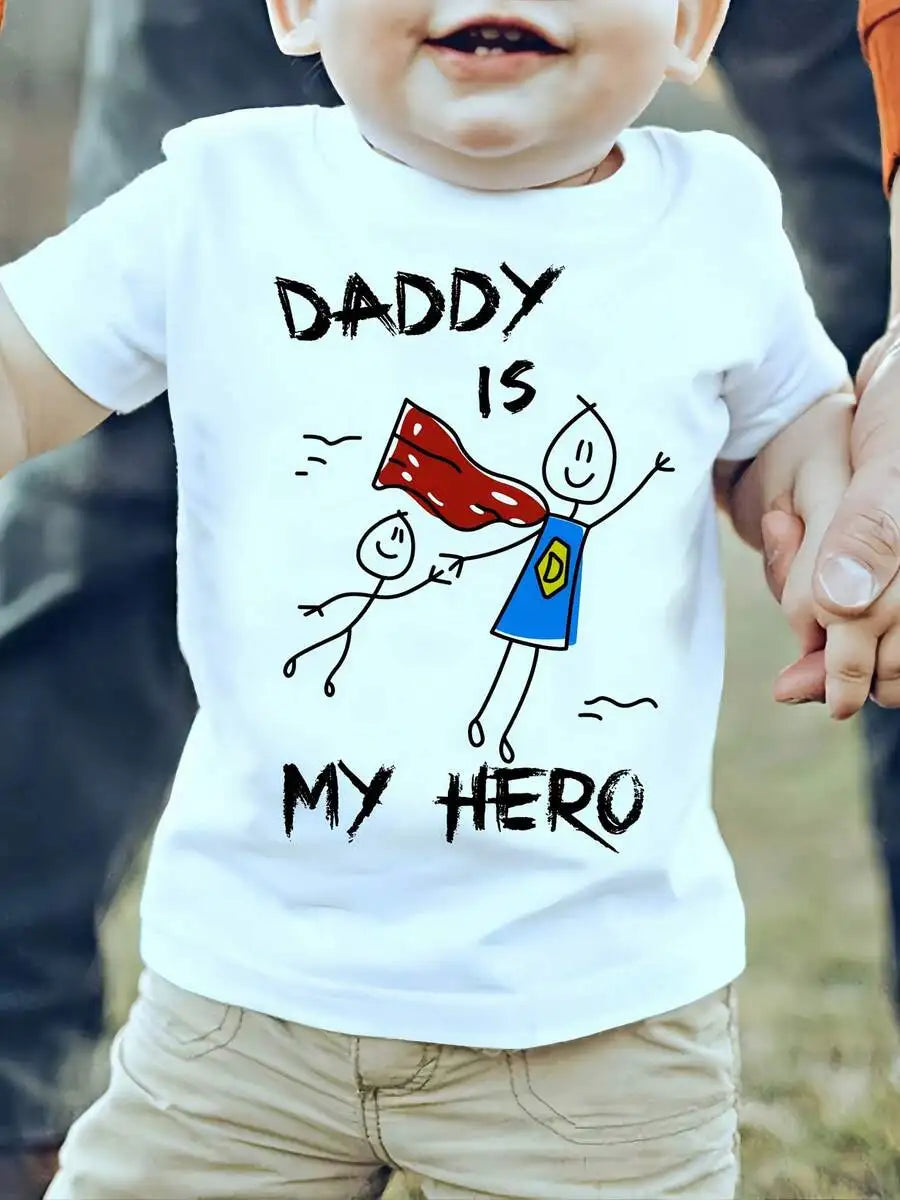 1pc Kids' Daddy And Hero Cartoon Print White TShirt Crew Neck Casual Cotton Tee Medium Stretch Knit Fabric Regular Fit For Boys
