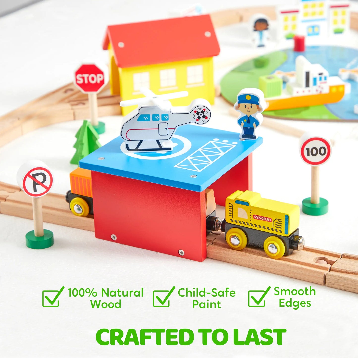 Joyfy 110/60 Pcs Wooden Train Set with Tracks City Scene Railway Set with Magnetic Trains Toy for kids Birthday Christmas Gift