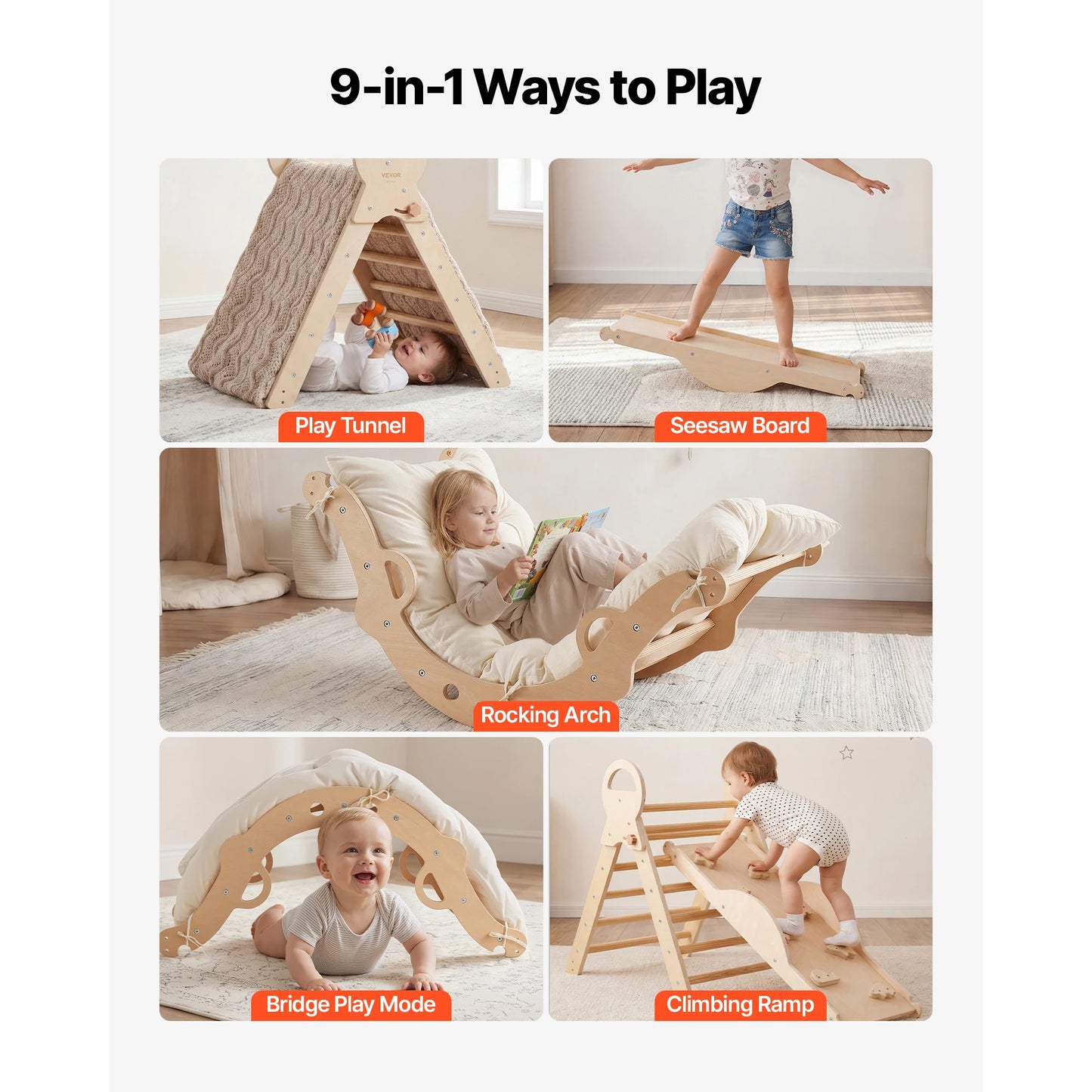 SucceBuy 150 lbs Pikler Triangle Set 9-in-1 Toddler Climbing Toys Indoor with Cushion Triangle Arch and Ramp for Toddlers Kids