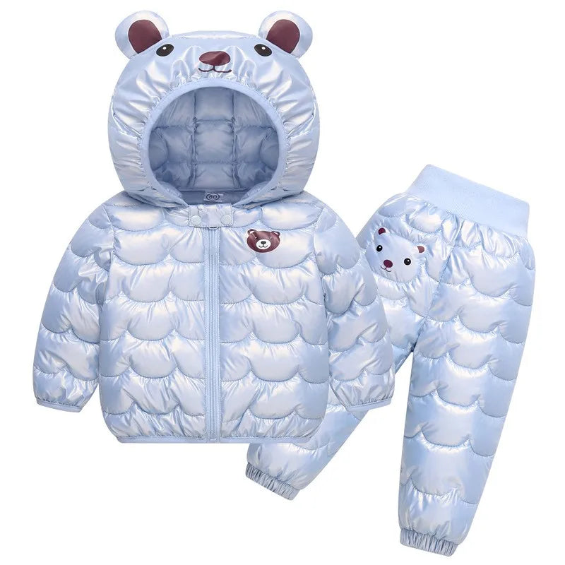 Winter Warm Girls Clothing Set New Baby Boys Cartoon Bear Hooded Waterproof Down Jacket Pants 2Pc Outfits Children Snowsuit Coat