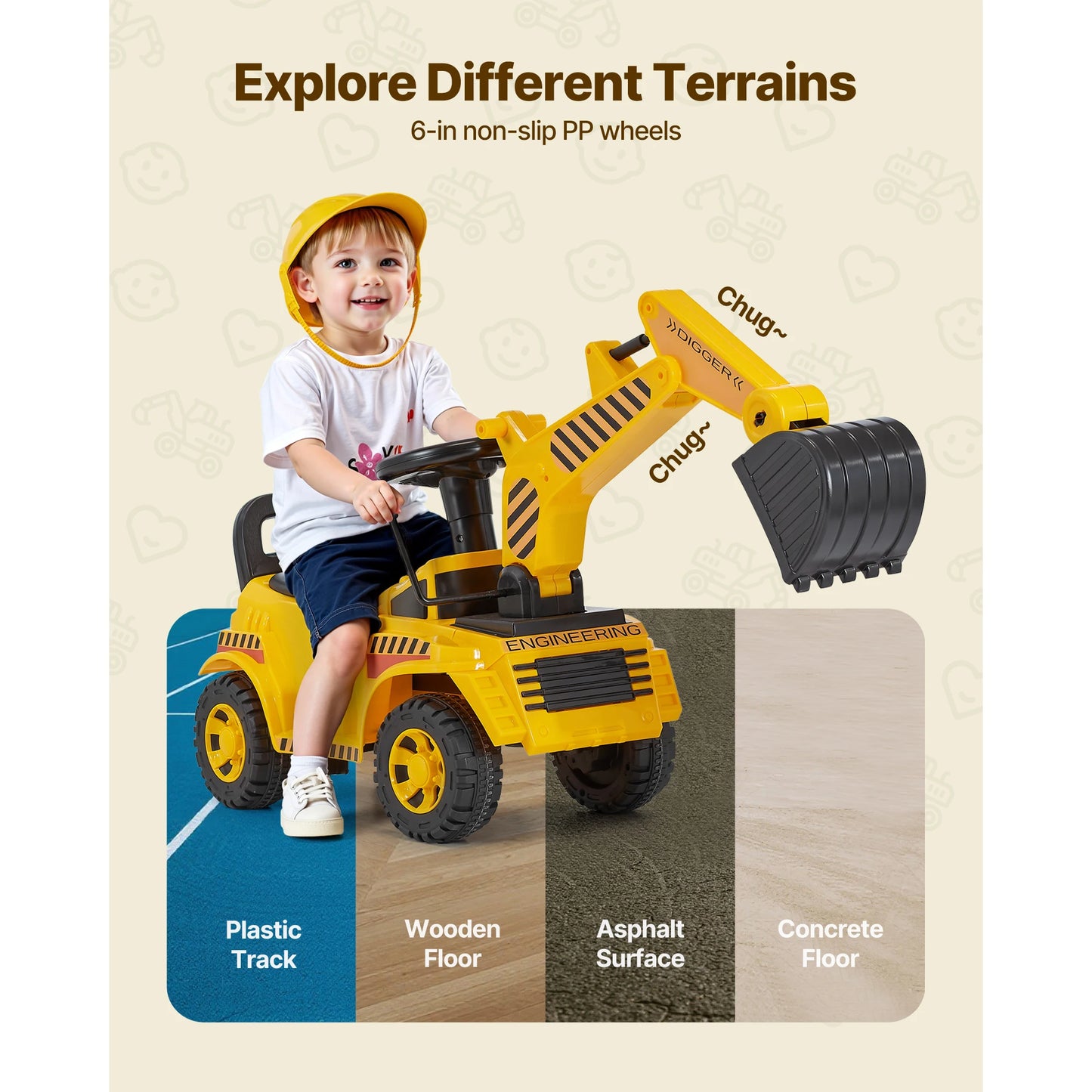 SucceBuy Excavator Digger Toy Ride On Toddler Car with Helmet & Music Foot-to-Floor Walker for Kids Children Birthday Gifts