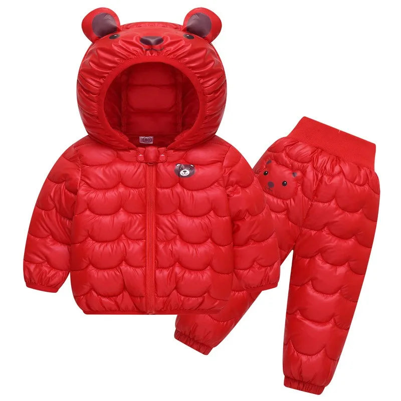 Winter Warm Girls Clothing Set New Baby Boys Cartoon Bear Hooded Waterproof Down Jacket Pants 2Pc Outfits Children Snowsuit Coat