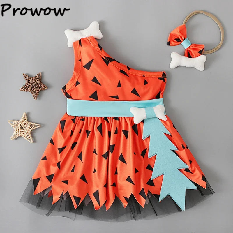Prowow Baby Caveman Dresses One Shoulder Orange Halloween Dress For Girls Party Dress Toddler Party Halloween Costume For Baby
