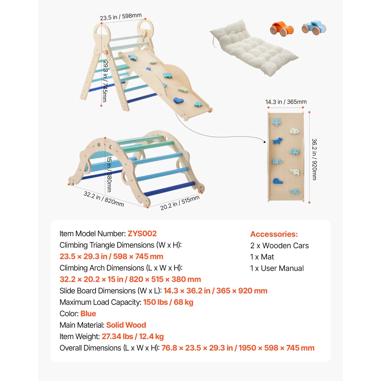 SucceBuy 150 lbs Pikler Triangle Set 9-in-1 Toddler Climbing Toys Indoor with Cushion Triangle Arch and Ramp for Toddlers Kids