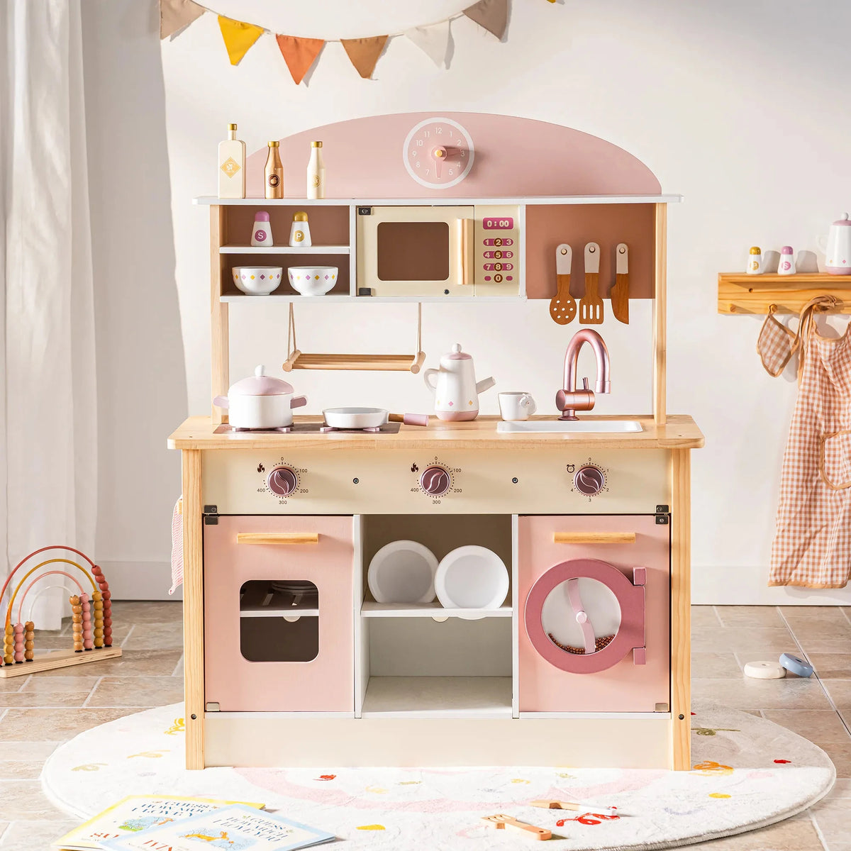 Kids Wooden Pink Play Kitchen All in 1 Corner Set Includes Oven Refrigerator Washer Perfect Birthday Gift for Little Chefs