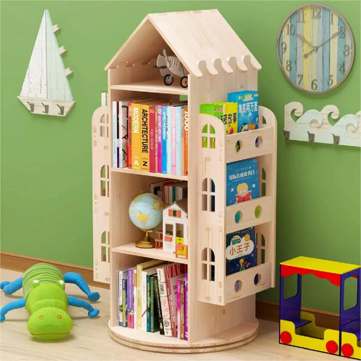 Large Rotating 360° Wood Castle Floor Standing Bookcase Kids Playroom Storage Shelf, Customized