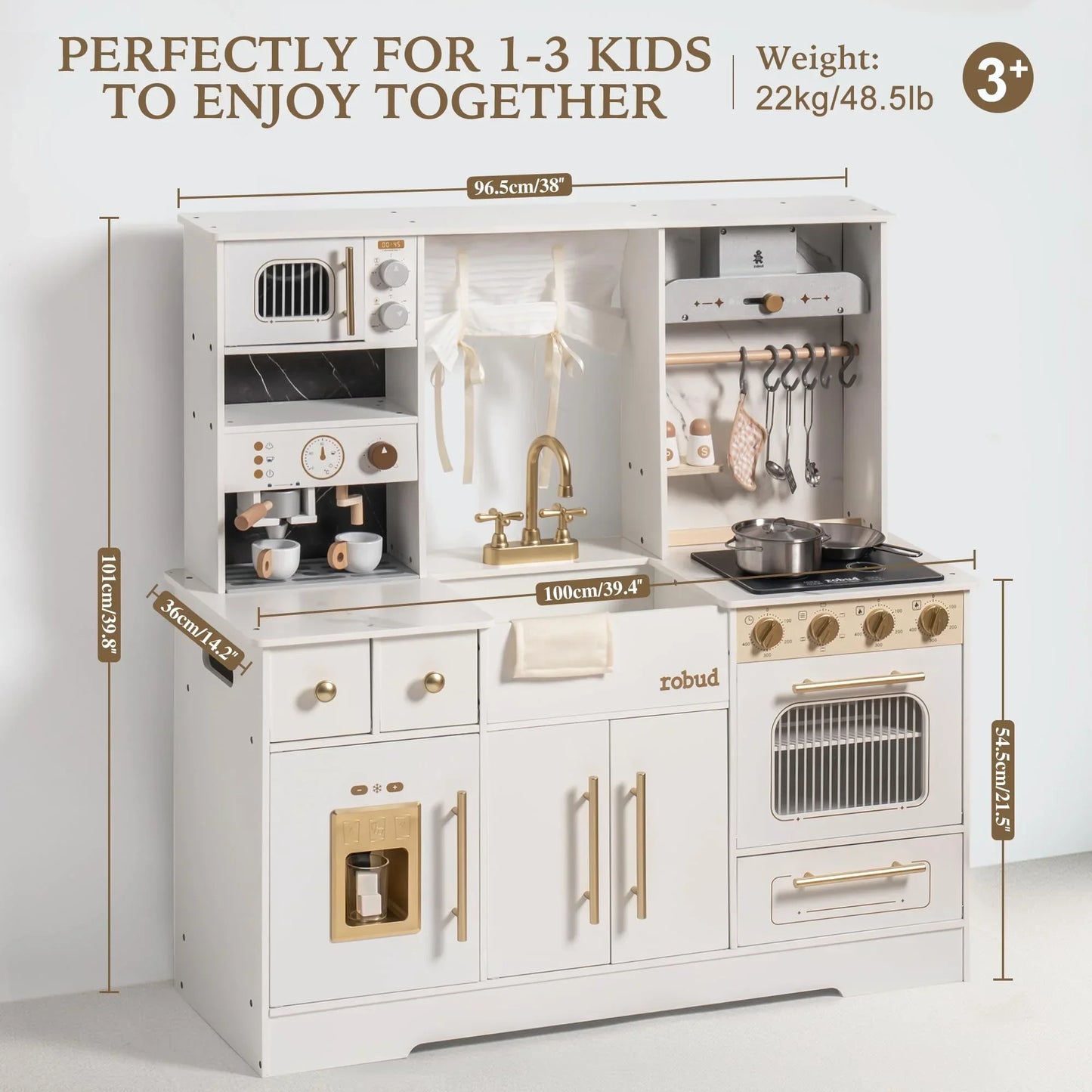 Play Kitchen Wooden with Wash basin Cookware Accessories Microwave Toy Kitchen Gift for Boys Girls 3+ Black White