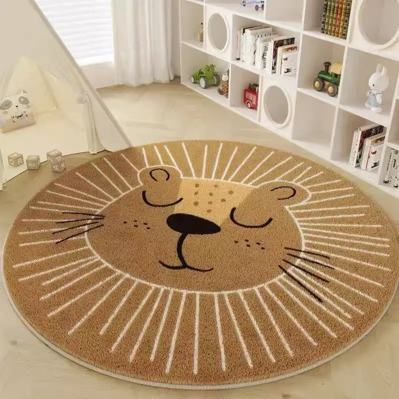 Lion Pattern Carpets for Living Room Fluffy Soft Children Mat Thick Plush Bedside Rug Cartoon Style Bedroom Decor Round Carpet