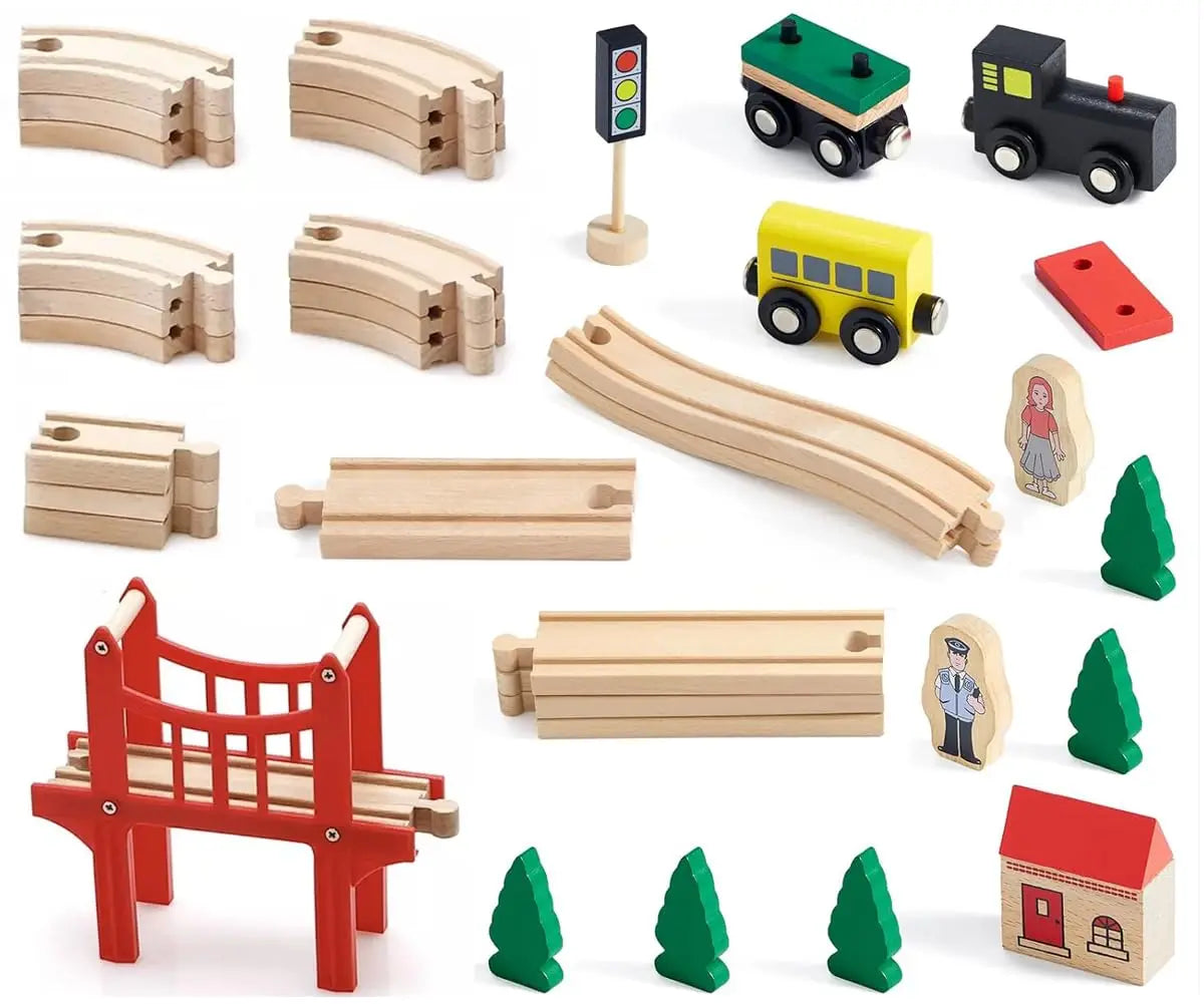 Wooden Train Set for Toddler, 39 Pcs Wooden Train Track Fits Thomas,  Expandable