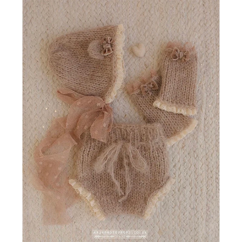 Newborn Photography Props Knitted Romper Bonnet Socks Set Baby Girl Vintage Lace Floral Outfit Studio Photo Shoot Clothes