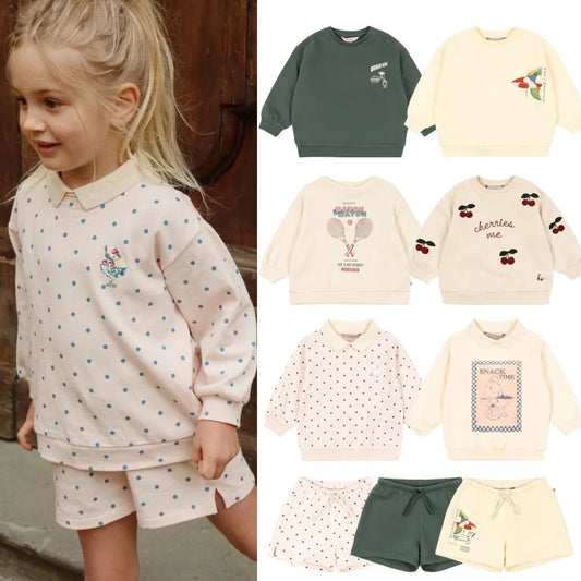 2026 Autumn and Winter New Children's Clothing KS Boys and Girls Collar Polka Dot Love Top Sweatshirt Hoodie Shorts Set