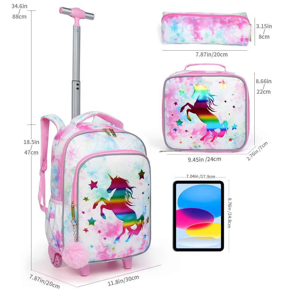 3PCS Kids travel bag, Luggage Bag, Bookbag with wheels, With Lunch Box And Pen Bag, Pink Cartoon Unicorn, Nighttime reflective